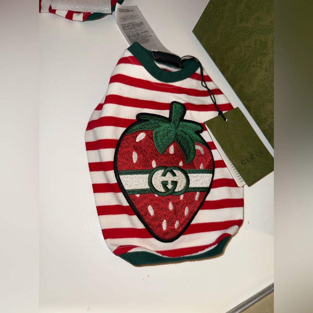 Gucci Red and White Striped Dog Sweater with Strawberry Patch